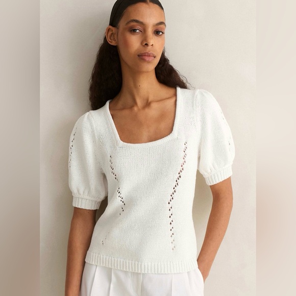 ME+EM Tops - ME+EM Ivory Knit Puff Sleeve chunky square neck tee